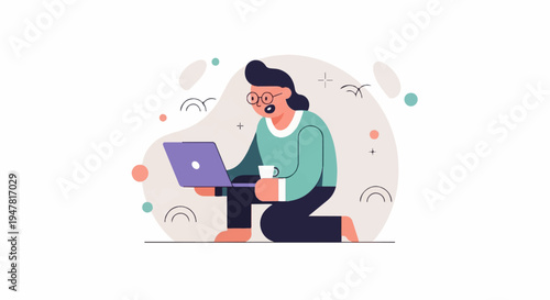 Person wearing glasses sits on floor with laptop and cup, surrounded by abstract shapes