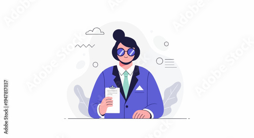 Professional person in a blue suit, holding a clipboard with papers