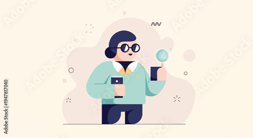 Person with round glasses and teal sweater, holding phone and lollipop