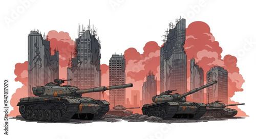 Tanks in front of city.