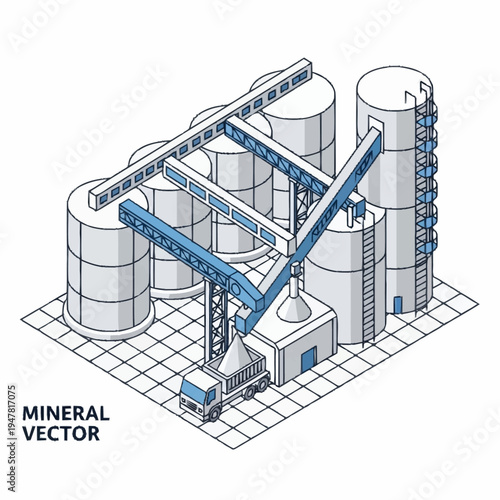 Isometric illustration of a mineral processing plant with silos and a truck being loaded with minerals.