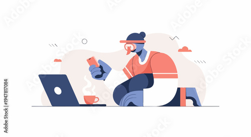 Person with snorkel mask on, on laptop with coffee and phone