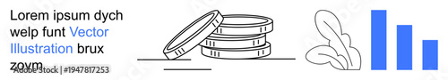 Financial planning, investment growth, eco-friendly businesses, economic analysis, sustainability, market data. Stacked coins, bar graph and leaves. Financial planning and investment growth concept