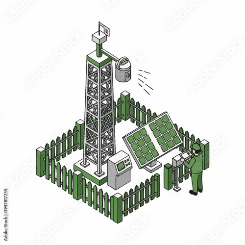 Isometric illustration of a weather station with a tower, solar panel, and a person.