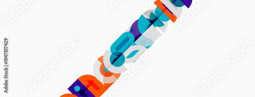 Abstract colorful design. Geometric shapes overlap, creating dynamic visual impact. Bright hues dominate white background.