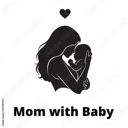 Mother Holding Baby Silhouette Icon with Heart representing Motherhood and Love