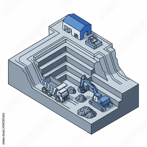 Isometric illustration of an open-pit mine with a truck, excavator, and building on the surface.