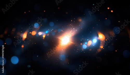 Abstract cosmic light burst with orange and blue bokeh, sparks and glow against a dark, dreamy background expressing wonder and energy.