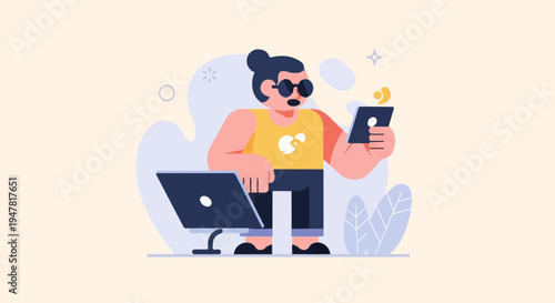 Person with sunglasses holds a tablet, laptop sits nearby