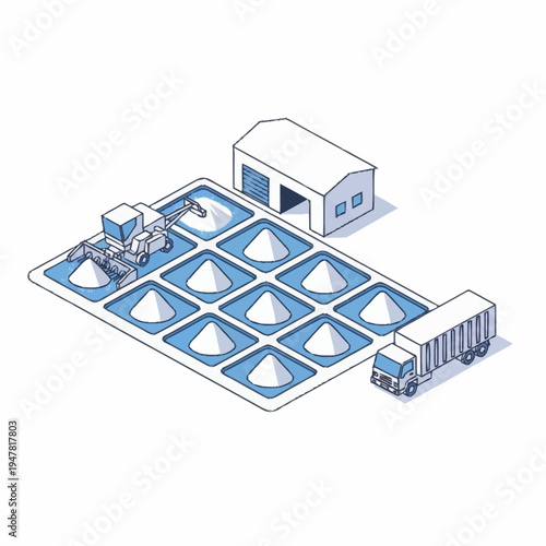 Isometric illustration of a grain harvesting and storage facility with machinery and a truck.