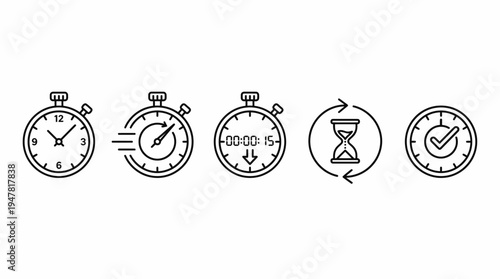 Collection of dynamic line art icons for time management, speed, and task completion. Featuring stopwatches, countdowns, and hourglass designs for modern digital projects