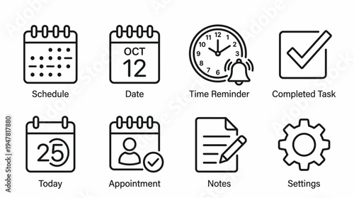 Modern set of productivity and time management line icons for digital platforms, encompassing scheduling, task completion, and vital organizational functions
