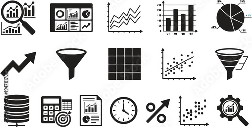 Set of 15 black and white data analysis vector icons for business analytics, financial reporting, marketing, and statistical visualization