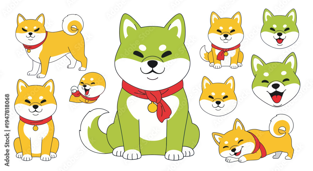 Obraz premium Cute Shiba Inu Dog Collection: Green and Yellow Cartoon Poses