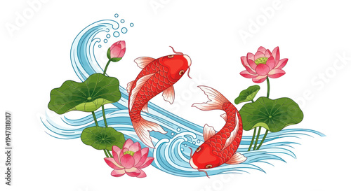 Koi fish swimming in water with lotus flowers, Japanese art style