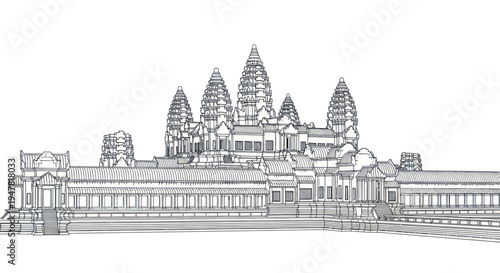 Angkor Wat Temple Facade Drawing - Cambodia Landmark