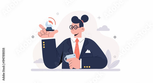 Person in suit holding crystal ball and cup, abstract background