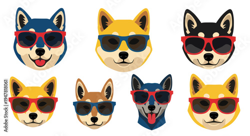 Cool Shiba Inu Dog Faces Wearing Sunglasses - Fun Pet Character Collection