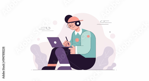 Person with headphones and glasses working on laptop (1)