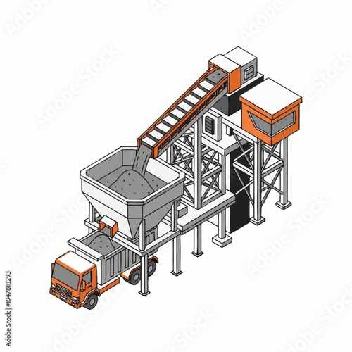 Isometric illustration of a concrete batching plant with a truck being loaded with concrete.