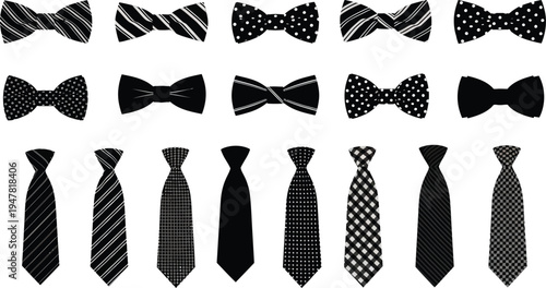 Silhouette of bow ties and neckties isolated on transparent background