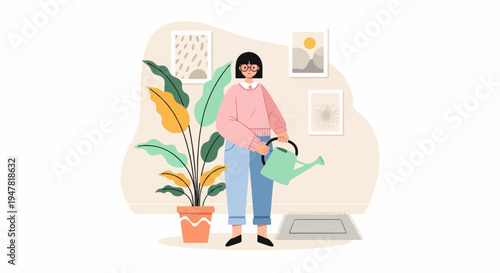 Person with watering can tends to large potted plant indoors near artwork