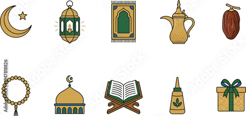 Set of islamic icons, crescent moon, star, lantern, prayer rug, dallah, date fruit, rosary, mosque