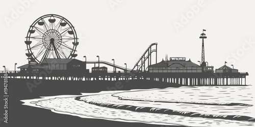 USA, US, U.S, United States - Santa Cruz skyline with boardwalk silhouettes monochrome panorama 