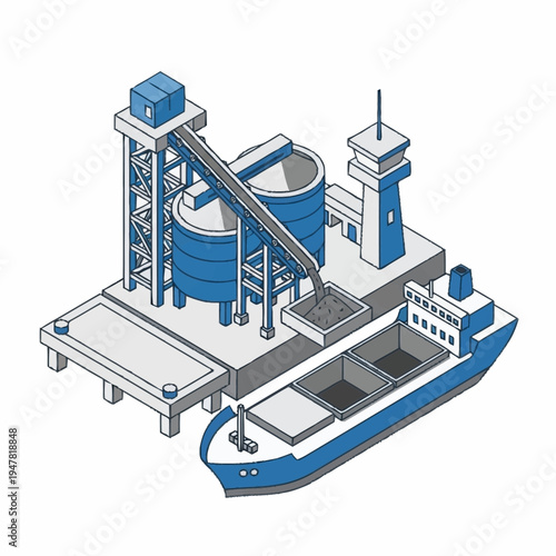 Isometric illustration of a cargo ship being loaded with materials at a port facility.