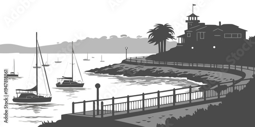 USA, US, U.S, United States - Monterey coastal skyline harbor silhouettes monochrome poster