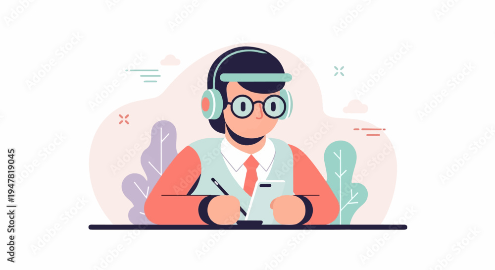 Obraz premium Person with headphones and glasses writing on a tablet with plants