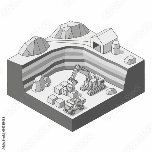 Isometric illustration of a quarry with an excavator, dump truck, and building, showcasing mining operations.