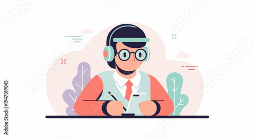 Person with headphones and glasses writing on a tablet with plants