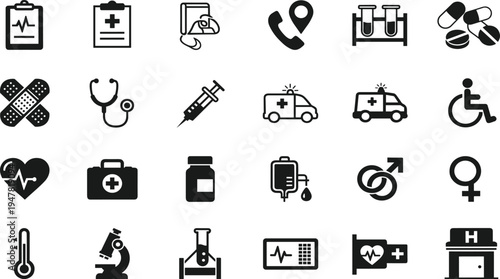 Medical and Healthcare Vector Icon Set Featuring Emergency Ambulance, Stethoscope, Pills, Syringe, Hospital Symbols, Laboratory Equipment, and First Aid Clinic Graphics