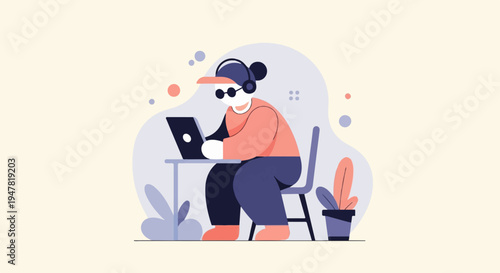 Person with headphones and laptop at desk, surrounded by abstract shapes and plants
