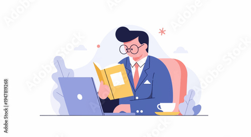 Person in suit reading book beside laptop with coffee