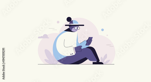 Person wearing hat and glasses using phone while sitting