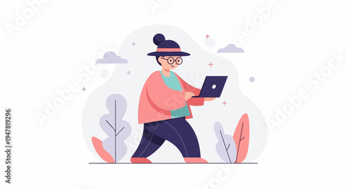 Person wearing hat and glasses walks holding a laptop amidst stylized plants