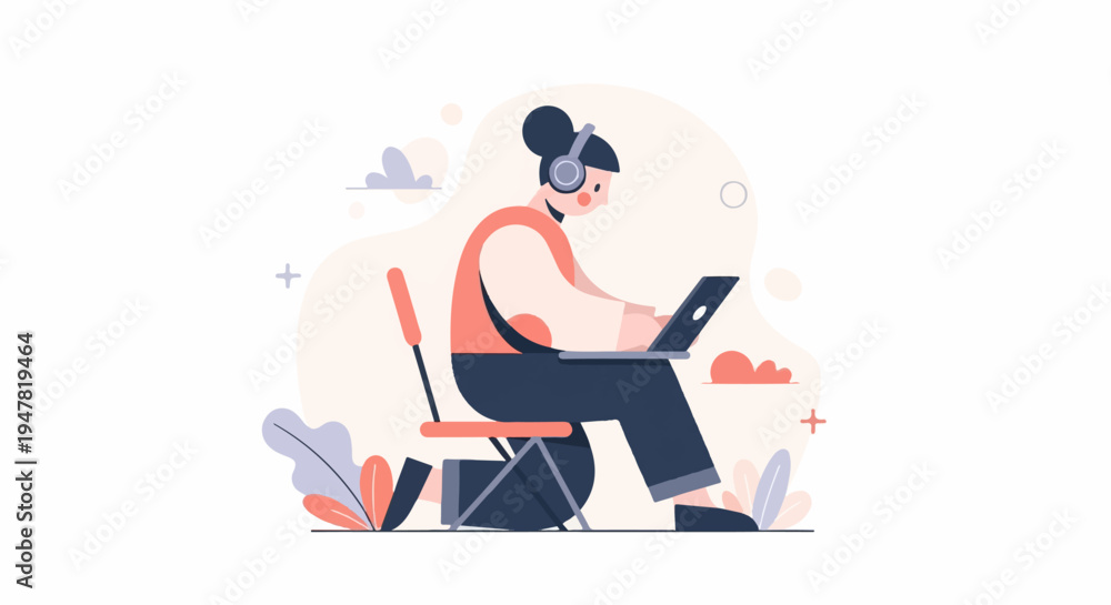 Fototapeta premium Person with headphones working on a laptop at a desk