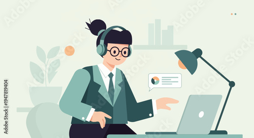 Person with headphones working at laptop with desk lamp and plant