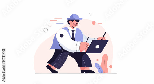 Person wearing hat and glasses, working on laptop with a stylus