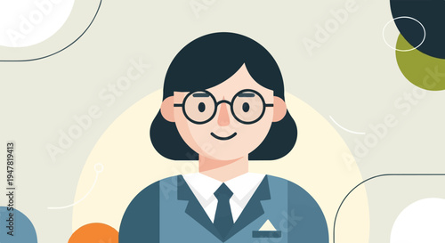 Professional woman with dark hair, glasses, and a blue suit