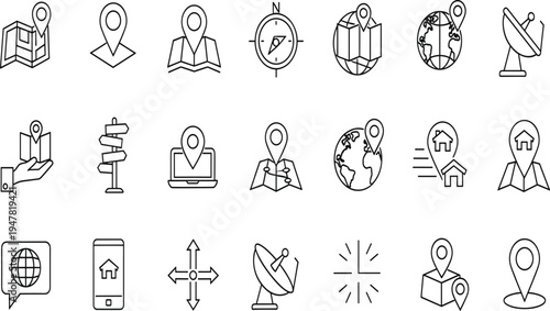 Navigation and Location Line Icon Set Featuring Maps, GPS Pins, Globe Symbols, Compass, Satellite Dishes, Street Signposts, and Mobile Tracking Graphics