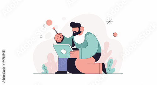 Person working on a tablet with a stylus, surrounded by abstract shapes and plants