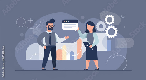 Professionals collaborating on a project with data visualization and gears