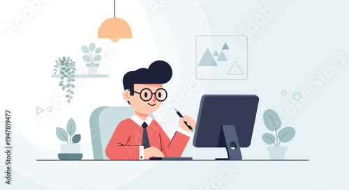 Person working on computer, surrounded by plants and art