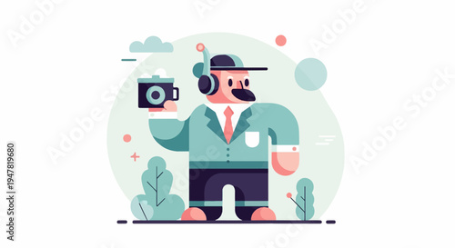 Quirky businessman in teal suit holds a vintage camera with headphones