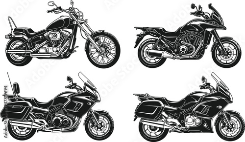 Black motorcycle silhouette collection featuring chopper, touring, and cruiser bikes, vintage motorbikes set for automotive design, biker culture vector elements on white