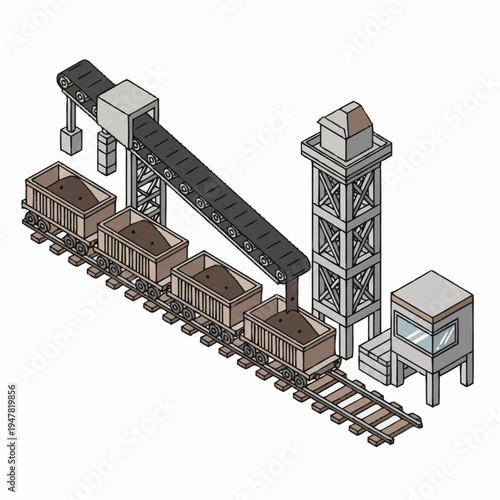 Isometric illustration of a mine with train cars being loaded by a conveyor belt.