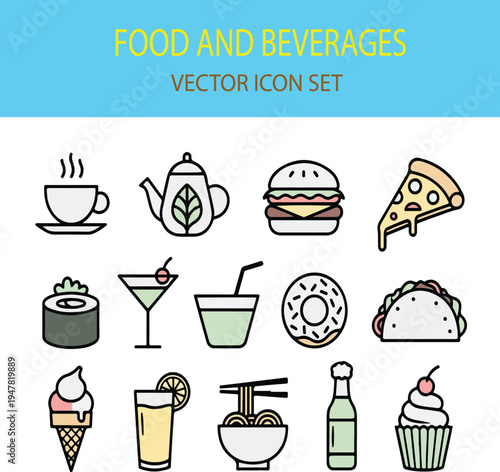 Food and Beverage Vector Icons Set with Coffee, Burger, Pizza, Sushi and Drinks